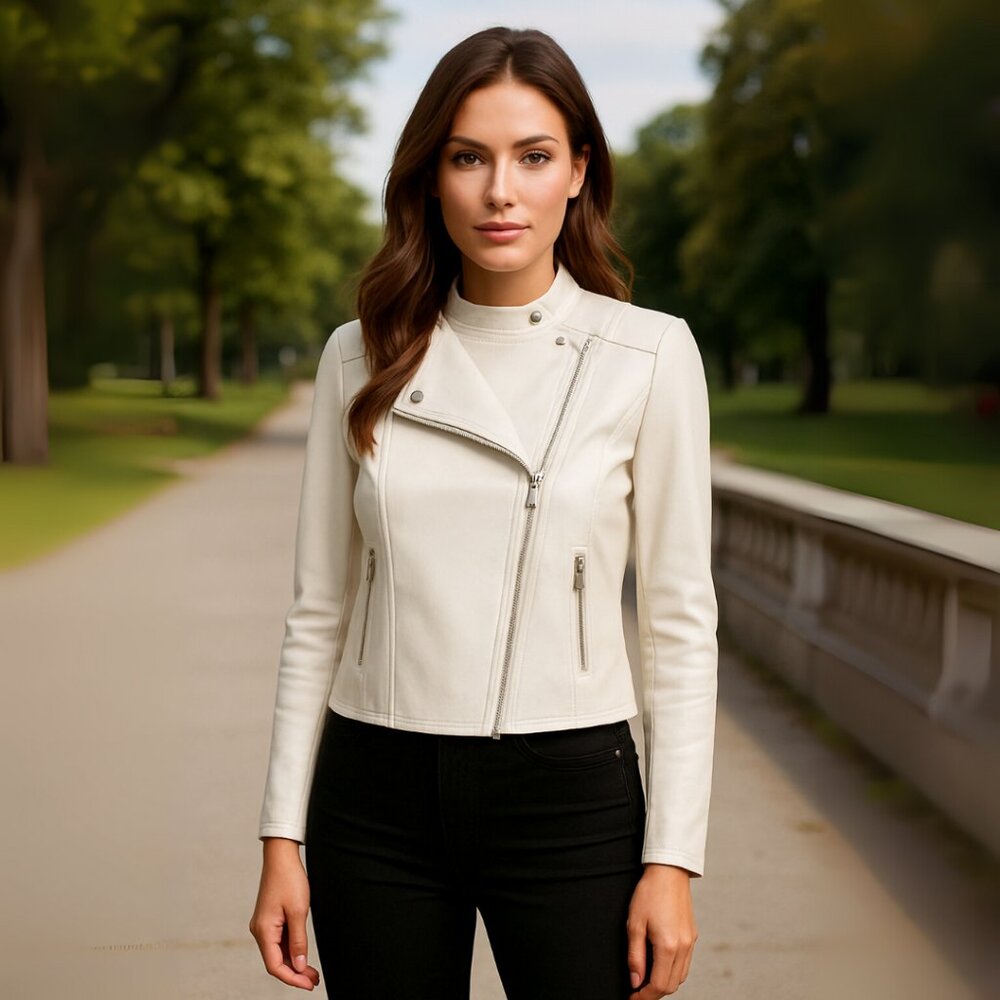 Brooklyn Karma White Faux Leather Moto Jacket w/ Mesh Sleeves, Size Small